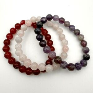 Beaded Rose Quartz, Amethyst, and Agate Bracelets Trio
